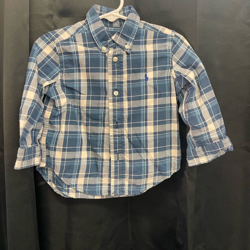 Ralph Lauren Blue and White Plaid Boys Flannel Button-Down Shirt